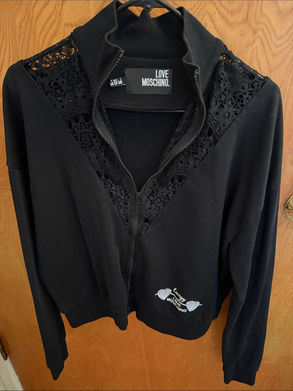 Love Moschino Black Lace-Detail Zip Bomber Jacket